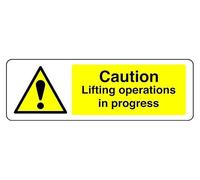 Caution Lifting Operations In Progress - safety sign - High tack self-adhesive sticker (150mm x 50mm) Viewing Distance within 3m.