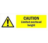 Caution, limited overhead height, warning sign - Self adhesive sticker (300mm x 100mm)