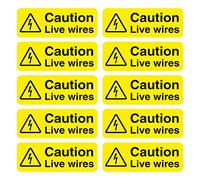 Caution Live Wires Safety Warning Labels, 55mm x 20mm, Self-Adhesive Vinyl Stickers, Pack of 10
