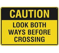 Caution Look Both Ways Before Crossing Warning Metal Sign Tin Signs Aluminum Plaque for Outdoors Use Yard Farm Fence Home Wall Decor 8x12 inch