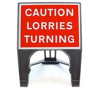 Caution Lorries Turning 600x450mm Road Sign - Plastic Temporary Road Street Traffic Safety Sign for Road and Street Works - Freestanding with Reflective Sign Face