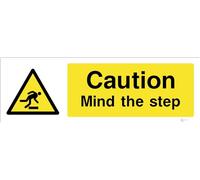 Caution Mind The Step - General Warning Signage - Durable, High-Visibility UK Compliance Sign (450x150mm Self Adhesive Sticker)