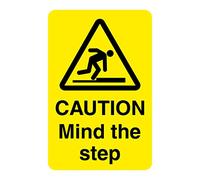 Caution Mind The Step self Adhesive Vinyl Sticker Hazard Sign Size 70mm x 110mm Helps to Avoid Tripping Accidents (5)