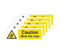 Caution Mind the Step Signs, 5 Pack | Self-Adhesive Plastic Safety Warning Stickers for Stairs & Floors (150x50mm)