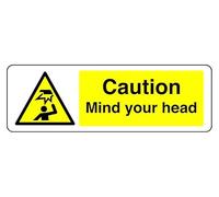 Caution Mind Your Head - safety sign - High tack self-adhesive sticker (150mm x 50mm) Viewing Distance within 3m.