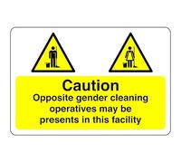 Caution opposite gender cleaning operatives may be present in this facility sign - 1.2mm Rigid plastic for indoor/outdoor usage (300mm x 200mm) Viewing Distance within 7m.