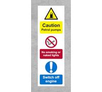 Caution petrol pumps. No smoking or naked lights. Switch off engine sign - Self adhesive sticker 300mm x 100mm