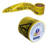 CAUTION RISK OF INFECTION high-visibility, non-adhesive plastic barrier tape. 100% recyclable. Hazard warning cordon tape. Handy 20M roll