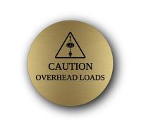 Caution sign indicating potential hazard from overhead loads. Sign - 9.5x9.5cm Brushed Aluminium