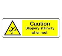 Caution Slippery Stairway When Wet - safety sign - High tack self-adhesive sticker (150mm x 50mm) Viewing Distance within 3m.
