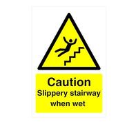 Caution slippery stairway when wet sign - High tack self-adhesive sticker (600mm x 400mm) Viewing Distance within 20m.