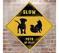 Caution Slow Pets at Play Crossing XING Tin Sign Slow Pets at Play Area Warning Street Sign Cats And Dogs Pet Novelty Caution Road Sign for Yard Garage Garden Outdoor Porch 8x8in