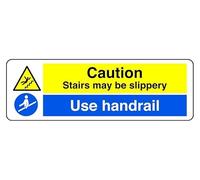 Caution Stairs May Be Slippery A Use Handrail - safety sign - High tack self-adhesive sticker (600mm x 200mm) Viewing Distance within 14m.