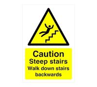 Caution steep stairs walk down stairs backwards sign - 1.2mm Rigid plastic for indoor/outdoor usage (300mm x 200mm) Viewing Distance within 7m.