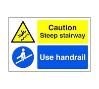 Caution Steep Stairway A Use Handrail - safety sign - High tack self-adhesive sticker (300mm x 200mm) Viewing Distance within 7m.
