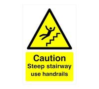 Caution steep stairway use handrails sign - 1.2mm Rigid plastic for indoor/outdoor usage (150mm x 100mm) Viewing Distance within 3m.