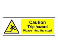 Caution Trip Hazard Please Mind The Step - safety sign - High tack self-adhesive sticker (150mm x 50mm) Viewing Distance within 3m.