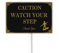 Caution Watch Your Step Yard Sign With Stake Black Aluminum Metal Plaque for Indoor/Outdoor Home or Business Notice Sign for Uneven Road Stairway Wet Place 30x20 CM