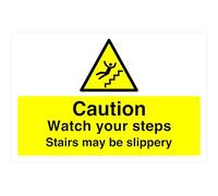 Caution watch your steps stairs may be slippery sign- 3mm Aluminum Dibond for indoor/outdoor usage (300mm x 200mm) 7m Viewing Distance.