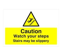 Caution watch your steps stairs may be slippery sign - High tack self-adhesive sticker (400mm x 300mm) Viewing Distance within 14m.