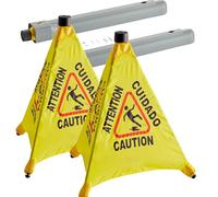 Caution Wet Floor Sign 2 Pack - Pop Up Slippery When Wet Floor Cone, Wall Mounted Foldable Multilingual Yellow Safety Warning for Grocery Stores, Office, Restaurant and Malls (2)