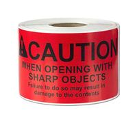 Caution When Opening with Sharp Objects Labels Self Adhesive Stickers (Red Black / 4" x 2") - 300 Labels per Package