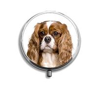 Cavalier King Charles Dog Gift. Pill Box with Black Velvet Gift Pouch. Unique Design, Shiny silver-tone metal 2" diameter pill box for medication. A beautiful gift for many occasions