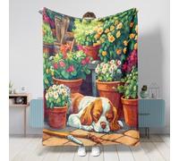Cavalier King Charles Spaniel Blanket 50x60 Inch, Cute Flowers Pot Plant Warm Soft Fuzzy Flannel Throw Blankets for Bed Living Room Camping, Dog Couch Sofa Decor