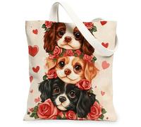 Cavalier King Charles Spaniel Canvas Tote Bag for Shopping 13 * 15, Valentine Funny Cute Reusable Grocery Shoulder Bag for Women, Dog Painting Gift Decoration