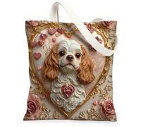 Cavalier King Charles Spaniel Canvas Tote Bag for Shopping 13 * 15, Valentine Relief Heart Reusable Grocery Shoulder Cloth Bag for Women, Dog Painting Gift Decoration