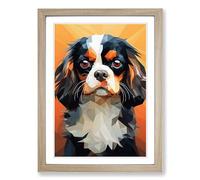 Cavalier King Charles Spaniel Geometric Framed Wall Art Print, Ready to Hang Picture for Living Room Bedroom Home Office, Oak A2 (48 x 66 cm)