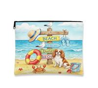 Cavalier King Charles Spaniel Makeup Bag, Cute Coastal Beach Seaside Cosmetic Travel Pouch for Women Girls, Dog Portable Small Canvas Zipper Organizer 7x9 Inch