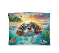 Cavalier King Charles Spaniel Makeup Bag, Funny Coastal Beach Ocean Cosmetic Travel Pouch for Women Girls, Portable Small Canvas Zipper Organizer, Dog Toiletry Bag 7x9 Inch