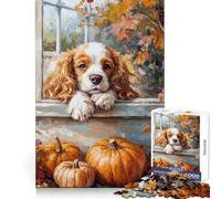 Cavalier King Charles with Pumpkins Painting for Adults 1000 Piece Puzzle Mind Wellness Leisure Pleasure Sharp Edges Unique Xmas Gift size 38x26cm