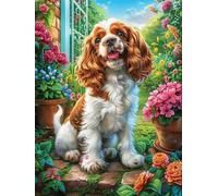 Cavalier Puppy in Flower Garden 500 Piece Complete Premium Jigsaw Puzzle Magical Animal Fairy Tale Collectors Mind Relaxation Educational Decorative Puzzle Gifts for Adults Premium Cardboard 500 PCS