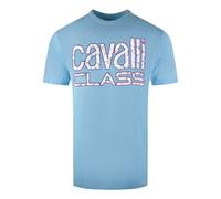 Cavalli Class Mens Bold Floral Logo Light Blue T-Shirt Cotton - Size X-Large