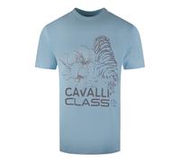 Cavalli Class Mens Floral Tiger Design Light Blue T-Shirt Cotton - Size Large