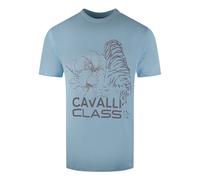 Cavalli Class Men's Floral Tiger Design Light Blue T-Shirt | Size: XL Cavalli Class Blue XL