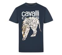 Cavalli Class Mens Large Gold Tiger Stencil Logo Navy T-Shirt - Blue Cotton - Size X-Large