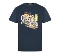 Cavalli Class Slashed Tiger Print Bold Logo T-Shirt - Navy - L