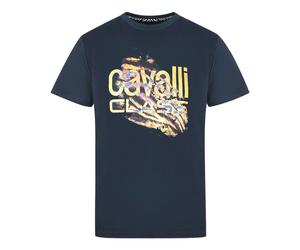 Cavalli Class Slashed Tiger Print Bold Logo T-Shirt - Navy - L