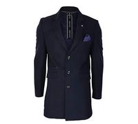 Cavani Mens Smart Casual 3/4 Wool Overcoat Jacket Herringbone Tweed 3 Button Coat - Navy 46