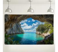 Cave View Beach Backdrop, Scenic Ocean Landscape Photography Background, Aqua Blue Nature Picture for Events, Summer Beach Parties Decorations 71x43 Inch