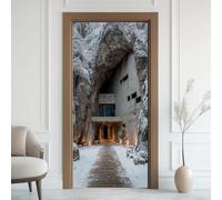 Cave Villa Door Stickers Waterproof Peel and Stick Door Mural, Winter Snow Scene 3D Door Stickers Self Adhesive Wall Sticker, Path Rock Murals Vinyl Wallpaper Home Decor 75x200 cm