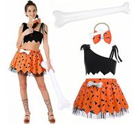Caveman Costume Stone Age Man Halloween Caveman Women's Costume with Halterneck Top Printed Skirt Bone Headband Inflatable Stick Girls Costumes for Halloween Carnival Cosplay (M)