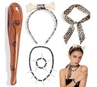 Caveman Costumes Accessories Adults & Kids 5Pcs Set - Cave Club Wild Inflatable Wooden Stick Leopard Headband Ivory Bracelet Necklace Scarf for Halloween Cosplay Masquerade Stone Age Parties
