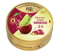 Cavendish & Harvey Double Fruit Drops Cherry Lime 175 g Tin | Sour Cherry with Lime Filling | Filled Fruit Sweets | Vegan, Halal, Kosher | 1 x 175 g