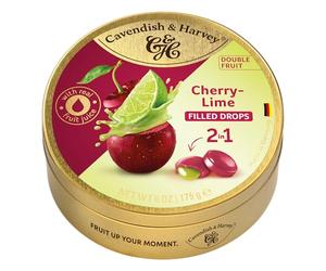 Cavendish & Harvey Double Fruit Drops Cherry Lime 175 g Tin | Sour Cherry with Lime Filling | Filled Fruit Sweets | Vegan, Halal, Kosher | 1 x 175 g