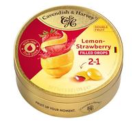 Cavendish & Harvey Double Fruit Drops Lemon Strawberry 175 g Tin | Lemon with Strawberry Filling | Filled Fruit Sweets | Vegan, Halal, Kosher | 1 x 175 g