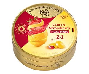 Cavendish & Harvey Double Fruit Drops Lemon Strawberry 175 g Tin | Lemon with Strawberry Filling | Filled Fruit Sweets | Vegan, Halal, Kosher | 1 x 175 g